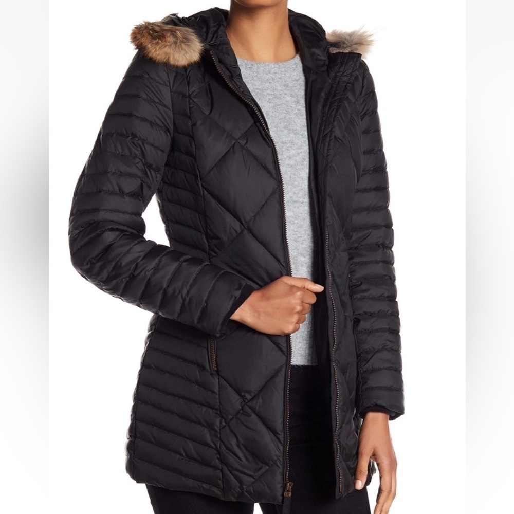 Marc New York Andrew Marc Womens Black Quilted Coyote Fur Trim Down Coat Medium
